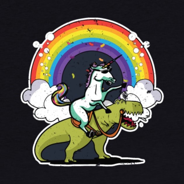 Unicorn Riding Dinosaur T Rex T Shirt Rainbow by Xizin Gao
